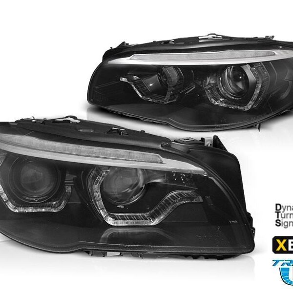 Комплект ксенонови фарове с 3D ангелски очи за BMW серия 5 F10, F11 2010-2013 без AFS, черна основа, ляв и десен