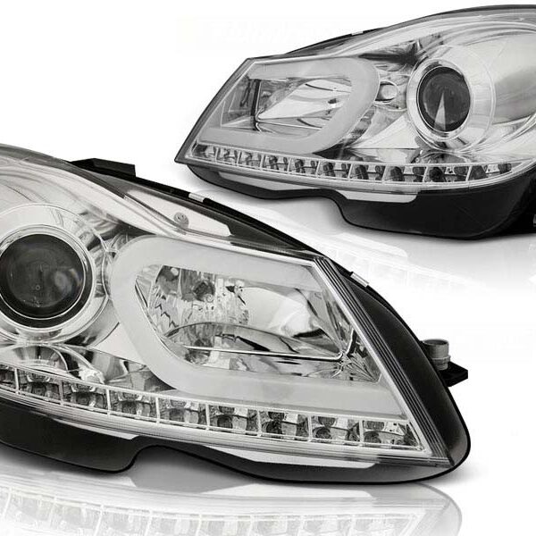 Комплект тунинг фарове за Mercedes C класа W204 2011-2014, хром основа, ляв и десен