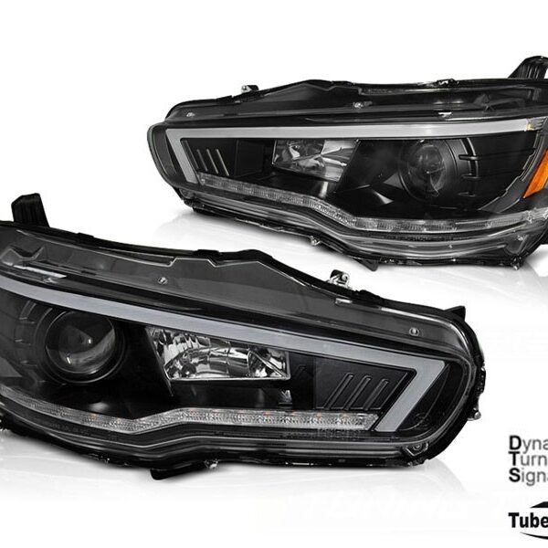 Комплект тунинг фарове за Mitsubishi Lancer 2008-2016 черна основа с динамичен мигач, ляв и десен