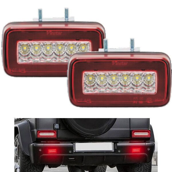 Комплект допълнителни LED халогени за мъгла в задна броня на Mercedes G класа W463 1986-2018 с червено и бяла основа, ляв и десен