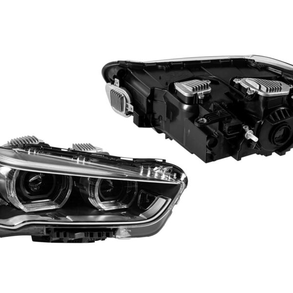 Комплект тунинг LED фарове за BMW X1 F48 след 2015 година, с черна основа, за модела с халогенни фарове