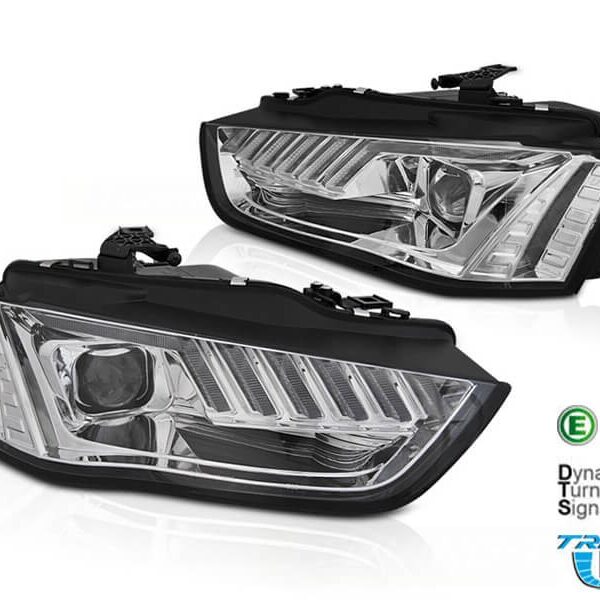 Комплект LED фарове за Audi A4 B8 2012-2015 с динамичен мигач за модела с фабрични халогенни фарове, хром основа, ляв и десен