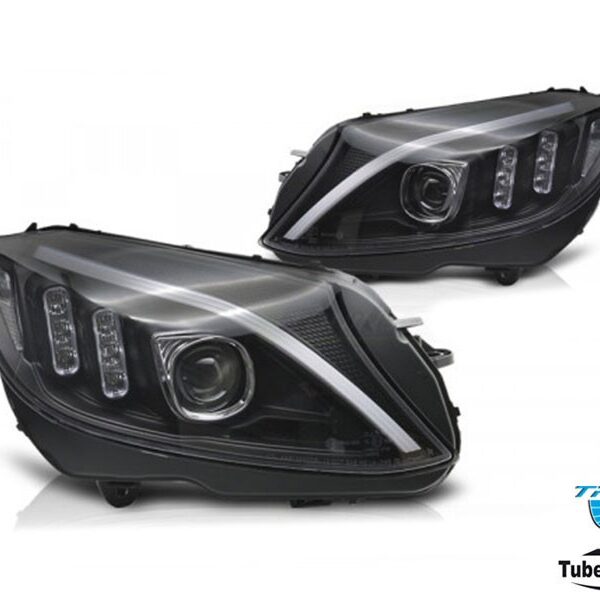 Комплект LED фарове за Mercedes C класа W205 2014-2018 с черна основа, ляв и десен, за модела със стандартни халогенни фарове