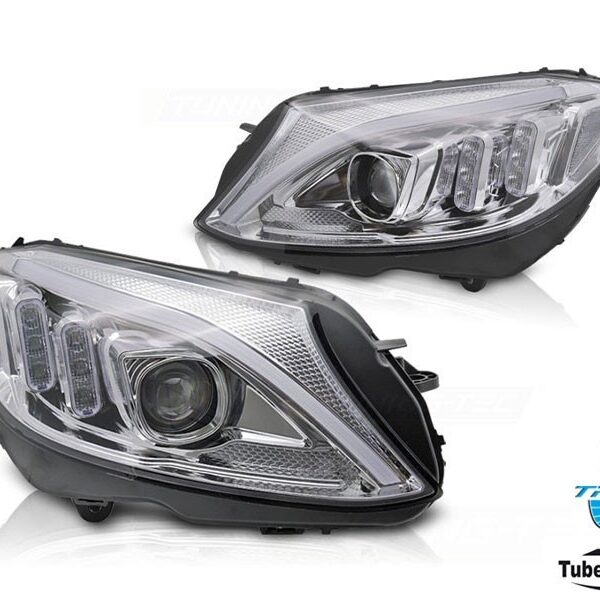 Комплект LED фарове за Mercedes C класа W205 2014-2018 с хром основа, ляв и десен, за модела със стандартни халогенни фарове