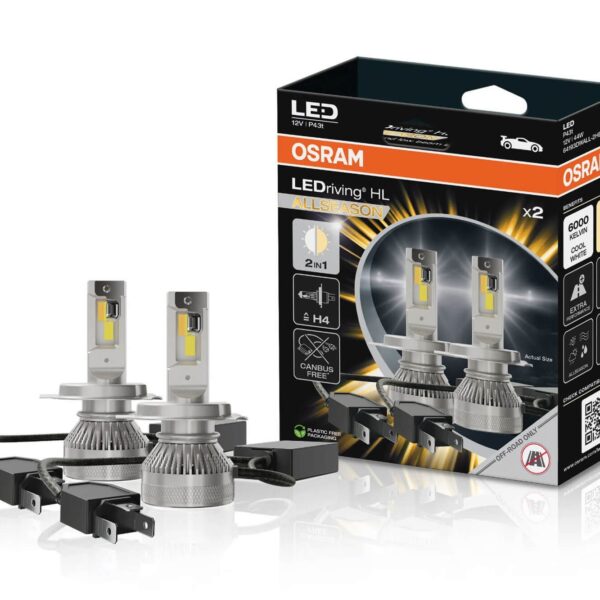 LED система Osram Allseason H4 12V, 45/45W, Дълги Светлини: 4000 lm (6000K), Къси светлини: 3500lm (6000K и 2700K)