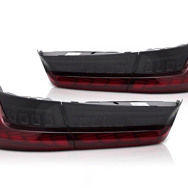 Комплект тунинг LED стопове за BMW серия 3 G20 2019-2022 с червено-опушена основа, с динамичен мигач, с функция "Посрещане", ляв и десен