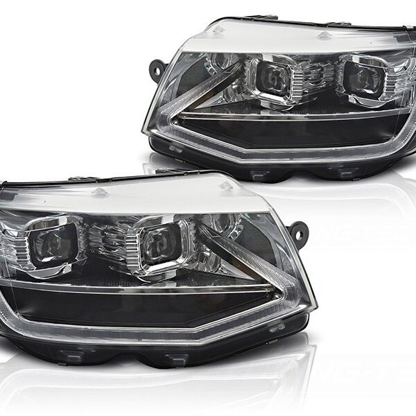 Комплект LED тунинг фарове за Volkswagen T6 2015-2019 с черна основа, за модела с фабрични DRL светлини, ляв и десен