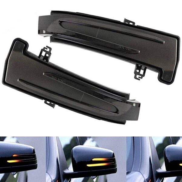Тунинг LED динамични мигачи за странични огледала на Mercedes A класа W176, B класа W246, C класа W204, CLA C117, CLS C218, E класа W212, A207, S класа W221, GLA X156, GLK X204 с опушена основа, ляв + десен
