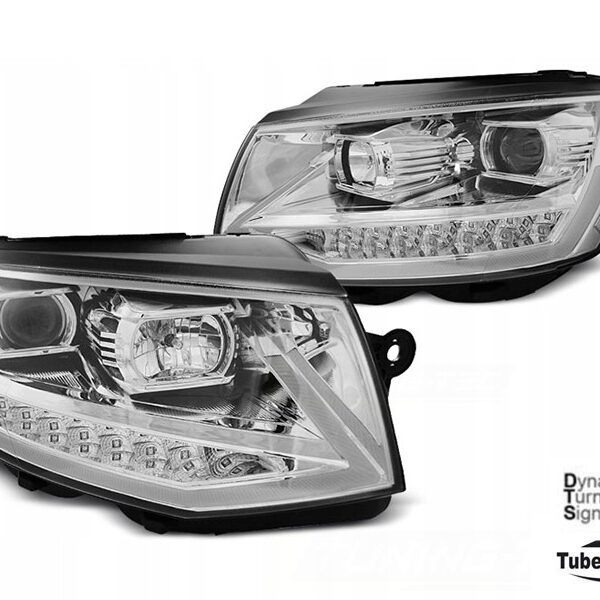 Комплект тунинг фарове за Volkswagen T6 2015-2019 с хром основа за модела без фабрични лед светлини и цокъл H4 на къси светлини, Ляв и десен