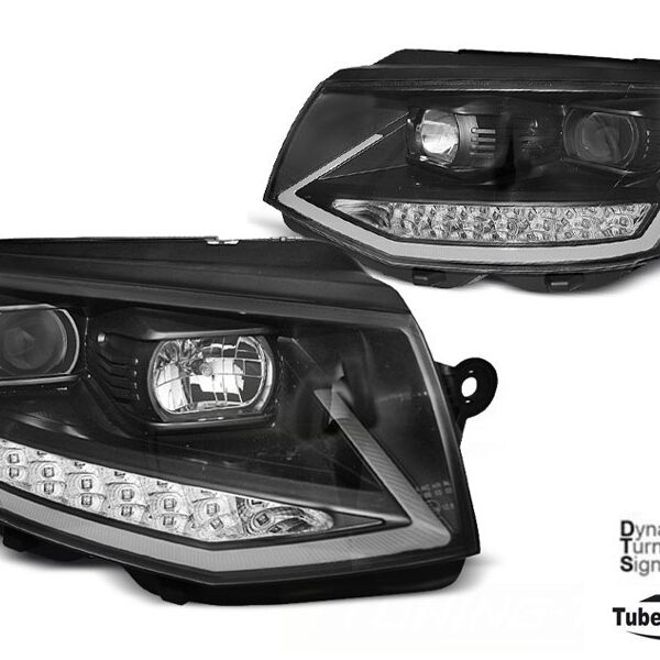 Комплект тунинг фарове за Volkswagen T6 2015-2019 с черна основа за модела без фабрични лед светлини и цокъл H4 на къси светлини, Ляв и десен