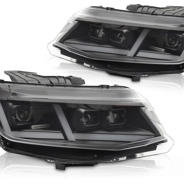 Комплект LED тунинг фарове за Chevrolet Camaro 2016-2018 с черна основа, с динамични мигачи, за модела с фабрични DRL светлини, ляв и десен