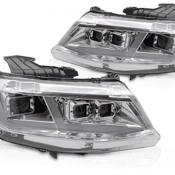 Комплект LED тунинг фарове за Chevrolet Camaro 2016-2018 с хром основа, с динамични мигачи, за модела с фабрични DRL светлини, ляв и десен