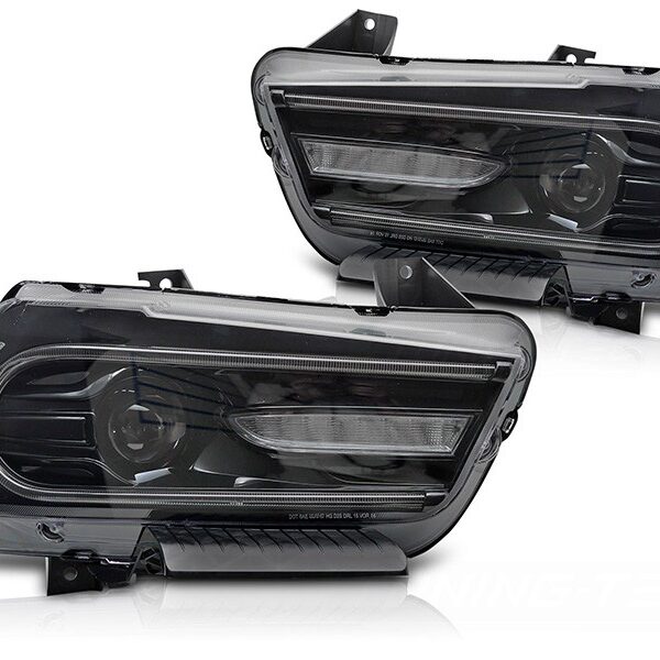 Комплект LED тунинг фарове за Dodge Charger 2011-2015 с черна основа, с динамични мигачи, за модела с фабрични DRL светлини, ляв и десен