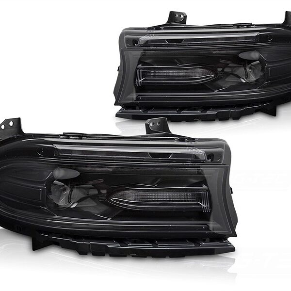 Комплект LED тунинг фарове за Dodge Charger 2014-2023 с черна основа, за модела с фабрични DRL светлини, ляв и десен