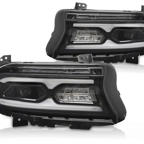 Комплект LED тунинг фарове за Dodge Charger 2014-2023 с черна основа, за модела с фабрични DRL светлини, ляв и десен