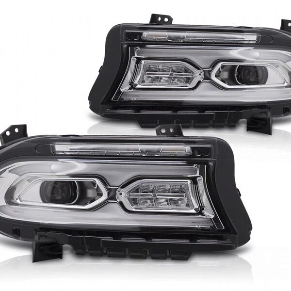 Комплект LED тунинг фарове за Dodge Charger 2014-2023 с хром основа, за модела с фабрични DRL светлини, ляв и десен