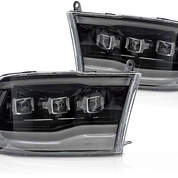 "Комплект LED тунинг фарове за Dodge Ram 1500 2009-2018 с черна основа, с динамични мигачи, за модела с фабрични DRL светлини, с функция ""Посрещане"", ляв и десен"