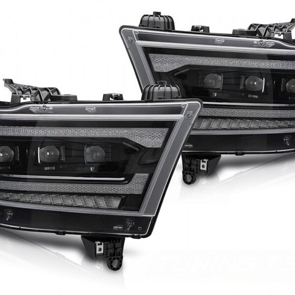 Комплект LED тунинг фарове за Dodge Ram 1500 2019-2022 с черна основа, с динамични мигачи, за модела с фабрични DRL светлини, ляв и десен