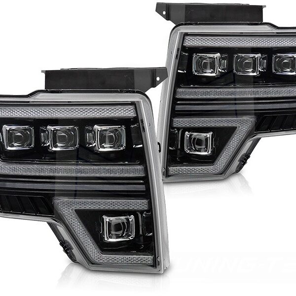 "Комплект LED тунинг фарове за Ford F150 2008-2014 с черна основа, за модела с фабрични DRL светлини, с динамични мигачи, с функция ""Посрещане"", ляв и десен"