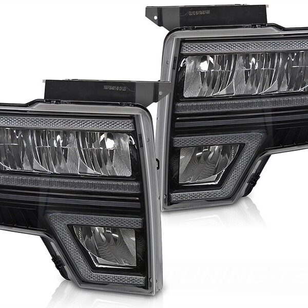 "Комплект LED тунинг фарове за Ford F150 2008-2014 с черна основа, за модела с фабрични DRL светлини, с динамични мигачи, с функция ""Посрещане"", ляв и десен"