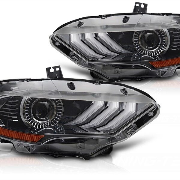 Комплект LED тунинг фарове за Ford Mustang 2018-2021 с черна основа, с динамични мигачи, RGB DRL светлини за модела с фабрични DRL светлини, ляв и десен