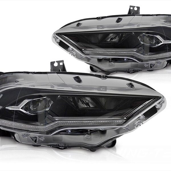 "Комплект LED тунинг фарове за Ford Mustang 2018-2021 с черна основа, с динамични мигачи, за модела с фабрични DRL светлини, с функция ""Посрещане"", ляв и десен"