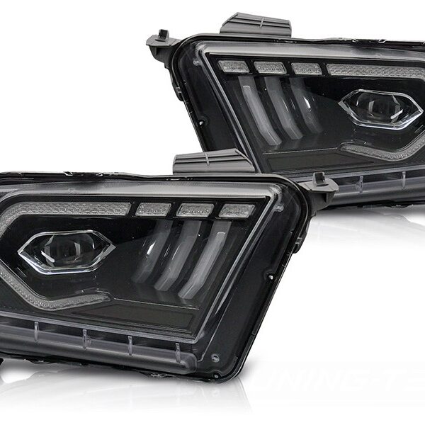 Комплект LED тунинг фарове за Ford Mustang 2010-2013 с черна основа, за модела с фабрични DRL светлини, с динамични мигачи, ляв и десен