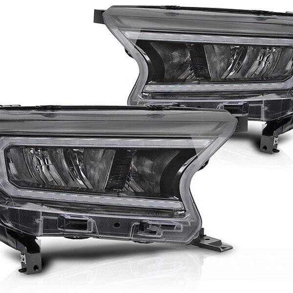 Комплект LED тунинг фарове за Ford Ranger 2016-2022 с черна основа, с динамични мигачи, за модела с фабрични DRL светлини, ляв и десен