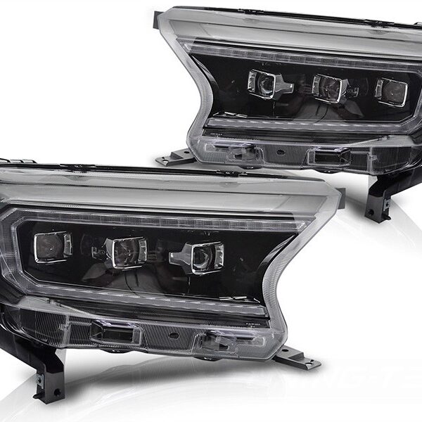 "Комплект LED тунинг фарове за Ford Ranger 2016-2022 с черна основа, с динамични мигачи, за модела с фабрични DRL светлини, с функция ""Посрещане"", ляв и десен"
