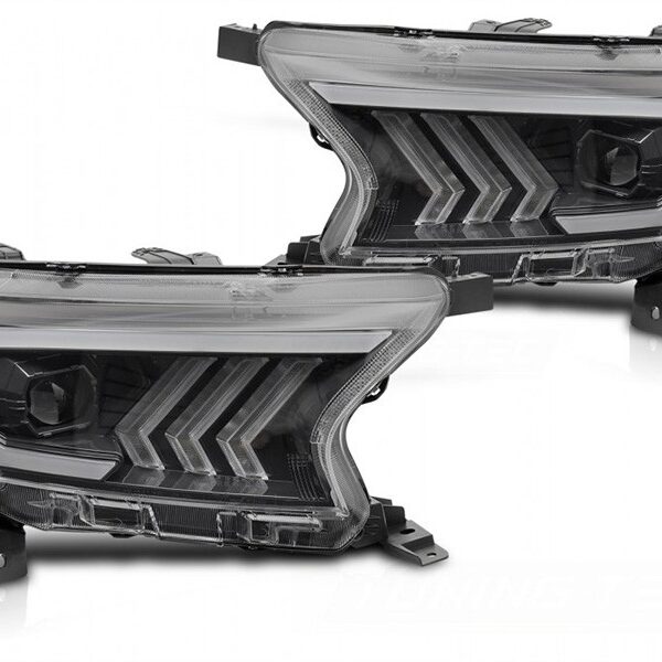 Комплект LED тунинг фарове за Ford Ranger 2016-2022 с черна основа, за модела с фабрични DRL светлини, с динамични мигачи, ляв и десен