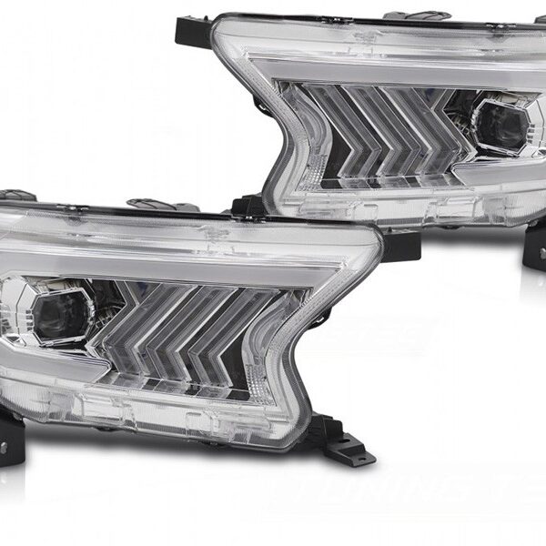 Комплект LED тунинг фарове за Ford Ranger 2016-2022 с хром основа, за модела с фабрични DRL светлини, с динамични мигачи, ляв и десен