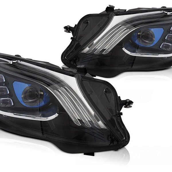 "Комплект LED тунинг фарове за Mercedes S класа W222 седан съвместими с предна броня 2013-2017 с черна основа, с динамични мигачи, с функция ""Посрещане"", ляв и десен"