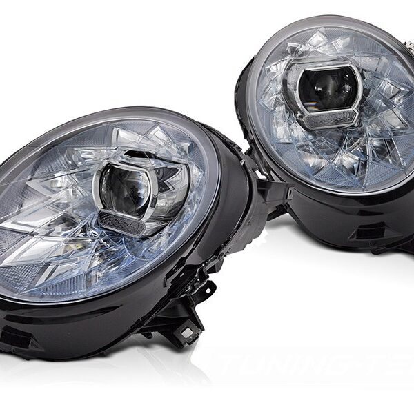 "Комплект LED тунинг фарове за Mini Cooper F54 Clubman 2015-2019, F55, F56 хечбек 2014-2021 с хром основа, за модела с фабрични халогенни светлини, с динамични мигачи, с функция ""Посрещане"", ляв и десен"