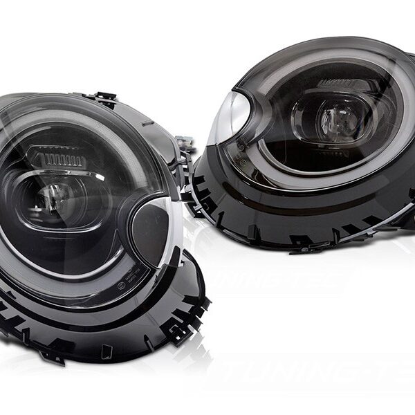 Комплект LED тунинг фарове за Mini Cooper R55 Clubman 2007-2014, R56 хечбек 2006-2014, R57 кабрио 2009-2014, R58 Coupe, R59 Roadster 2011-2015 с черна основа, за модела с фабрични халогенни светлини, с динамични мигачи, с функция ""Посрещане"", ляв