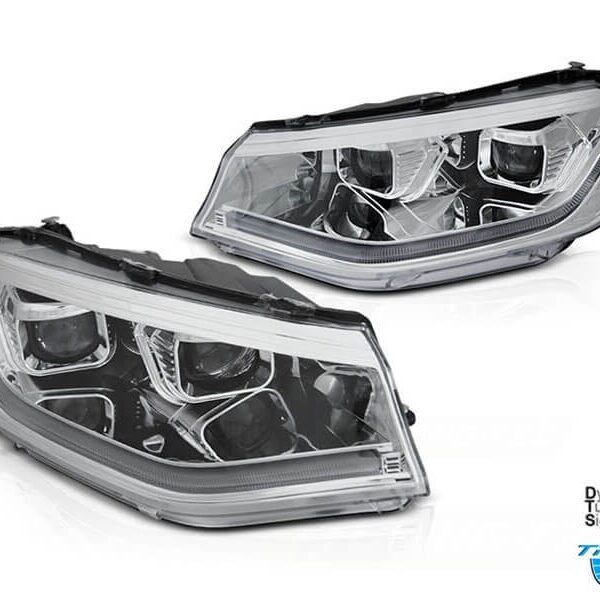 Комплект тунинг DRL фарове за Volkswagen Caddy след 2020 година с хром основа, ляв и десен, за модела с фабрични дневни светлини и халогенни фарове