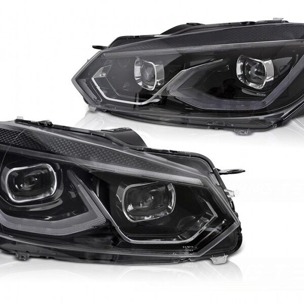 "Комплект LED тунинг фарове за Volkswagen Golf VI хечбек, комби 2008-2013 с черна основа, за модела с фабрични халогенни светлини, с функция ""Посрещане"", ляв и десен"