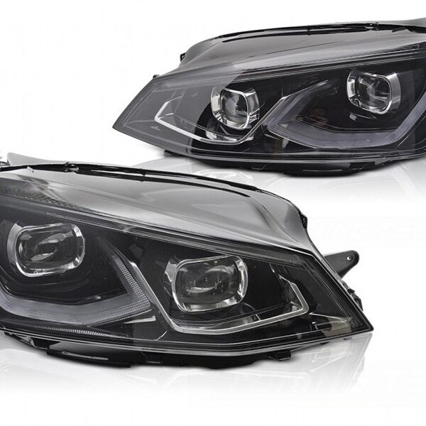 "Комплект LED тунинг фарове за Volkswagen Golf VII хечбек, комби 2013-2019 с черна основа, за модела с фабрични халогенни светлини, с функция ""Посрещане"", ляв и десен"