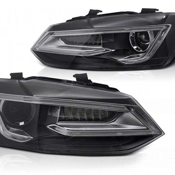 Комплект LED тунинг фарове за Volkswagen Polo 2009-2017 с черна основа, за модела с фабрични халогенни светлини, с динамични мигачи, ляв и десен