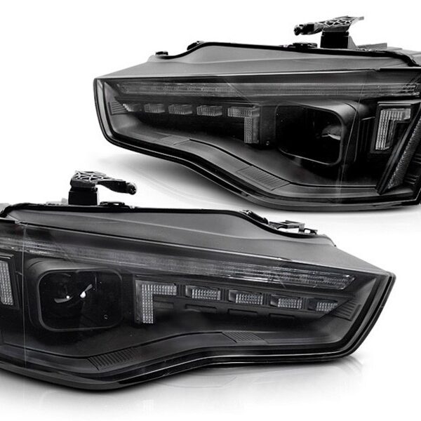 Комплект тунинг LED фарове за Audi A5 2011-2016 с черна основа, за модела с фабрични DRL светлини, с динамични мигачи, ляв и десен
