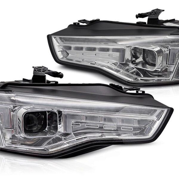 Комплект тунинг LED фарове за Audi A5 2011-2016 с хром основа, за модела с фабрични DRL светлини, с динамични мигачи, ляв и десен