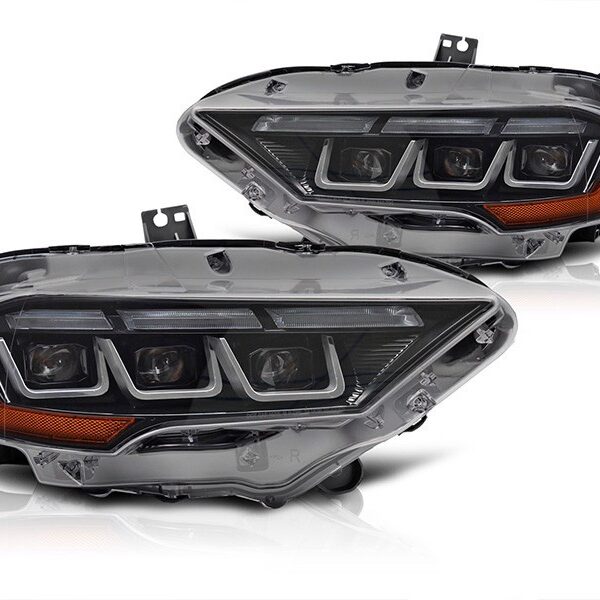 Комплект тунинг LED фарове за Ford Mustang 2018-2021 с черна основа, за модела с фабрични DRL светлини, с динамични мигачи, ляв и десен