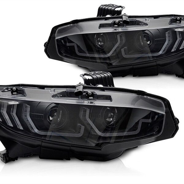 Комплект LED фарове за Honda Civic X 2016-2021 хечбек, седан, купе с черна основа, с динамични мигачи, за модела с фабрични DRL светлини, ляв и десен
