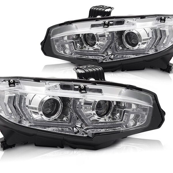 Комплект LED фарове за Honda Civic X 2016-2021 хечбек, седан, купе с хром основа, с динамични мигачи, за модела с фабрични DRL светлини, ляв и десен