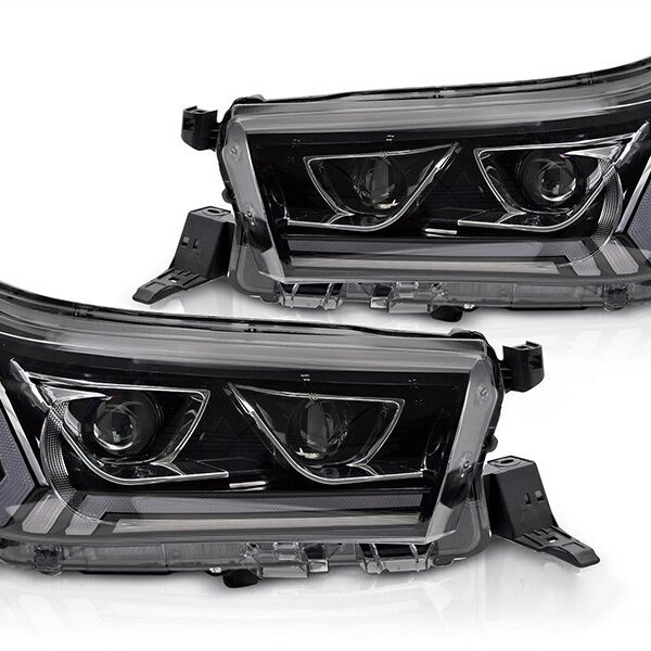 Комплект тунинг LED фарове за Toyota Hilux 2016-2020 с черна основа, за модела с фабрични DRL светлини, с динамични мигачи, с функция "Посрещане", ляв и десен
