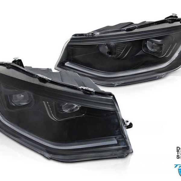 Комплект тунинг LED фарове за Volkswagen Caddy след 2020 година с черна основа, с динамичен мигач, ляв и десен, за модела с фабрични дневни светлини