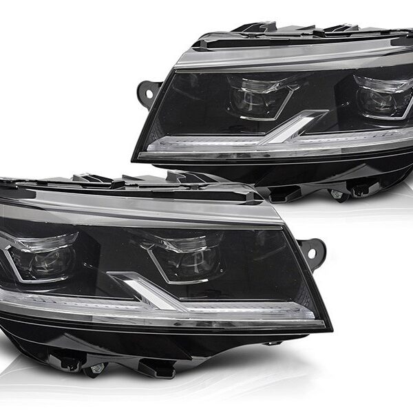 Комплект тунинг LED фарове за Volkswagen T6.1 2020-2024 с черна основа, за модела с фабрични DRL светлини, ляв и десен