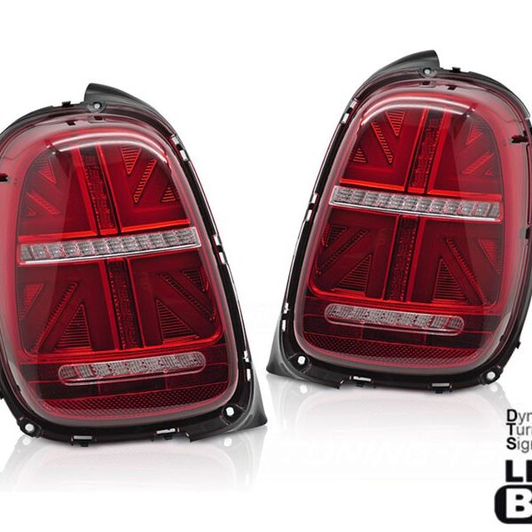 Комплект LED стопове за Mini Cooper F55 хечбек 5 врати 2012-2017, F56 хечбек 3 врати, F57 кабрио 2014-2017 с червено бяла основа, за 6 пинова букса, динамичен мигач ляв и десен