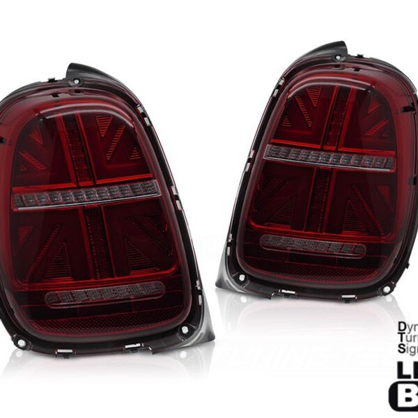 Комплект LED стопове за Mini Cooper F55 хечбек 5 врати 2012-2017, F56 хечбек 3 врати, F57 кабрио 2014-2017 с червено опушена основа, за 6 пинова букса, динамичен мигач ляв и десен
