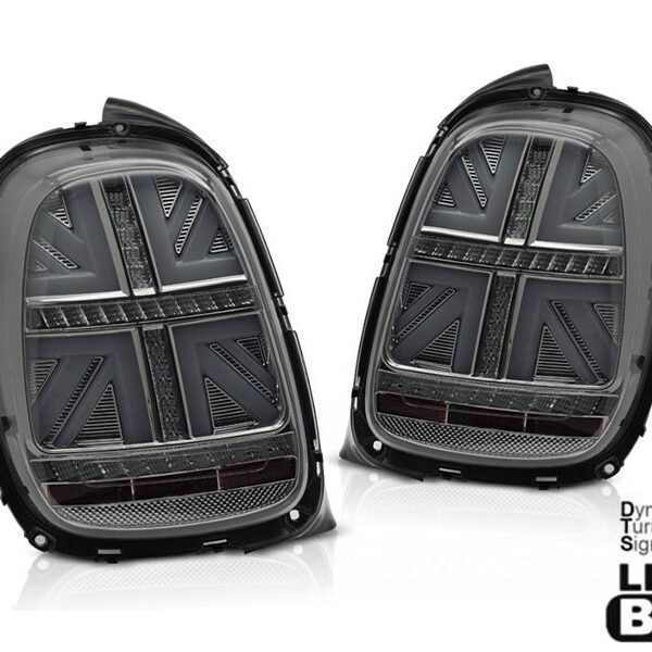 Комплект LED стопове за Mini Cooper F55 хечбек 5 врати 2012-2017, F56 хечбек 3 врати, F57 кабрио 2014-2017 с изцяло опушена основа, за 6 пинова букса, динамичен мигач ляв и десен