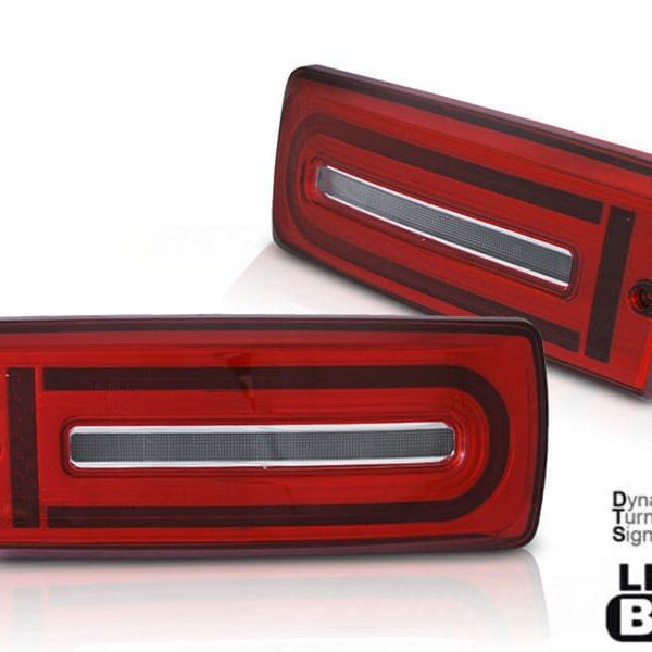 Комплект тунинг LED стопове за Mercedes G класа W463 1990-2018 с червено-бяла основа, с динамичен мигач, ляв и десен